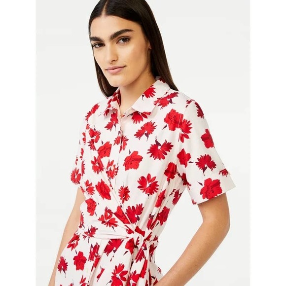 [SOLD] Floral Wrap Shirt Dress Womens XS White Red - Picture 3 of 13